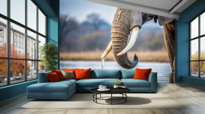 A delicate elephant tusk slowly drips in a small pool of water on a cold winter morning, snowflakes, dripping, liquid Wall mural