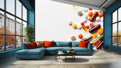 A bunch of pills of different colors and shapes are scattered on a white background. Concept of chaos and disorder, as the pills are not organized in any particular order Wall mural