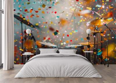 A colorful image of two drums with confetti falling around them Wall mural