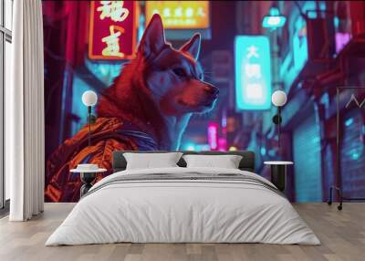 A dog is wearing a jacket and standing in front of neon signs Wall mural