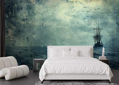 A ship sails in the ocean with a stormy sky in the background. Scene is one of adventure and danger, as the ship navigates through rough waters Wall mural