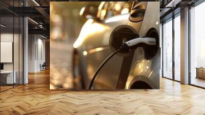 A silver car is plugged into a charging station Wall mural