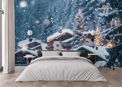 A snowy scene with houses and a Christmas tree Wall mural