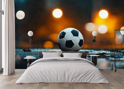 A soccer ball is sitting on a wet road Wall mural