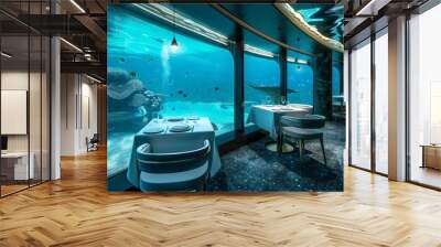 A table with two chairs and a white tablecloth in an underwater restaurant. The aquarium is filled with colorful fish swimming around. The scene is calm and relaxing Wall mural