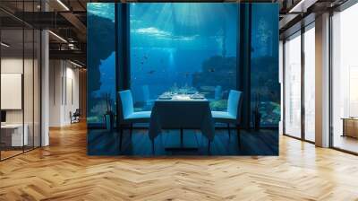 A table with two chairs and a white tablecloth in an underwater restaurant. The aquarium is filled with colorful fish swimming around. The scene is calm and relaxing Wall mural