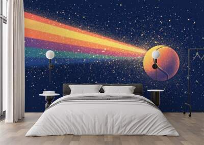 A tennis ball is floating in space with a rainbow trail behind it Wall mural