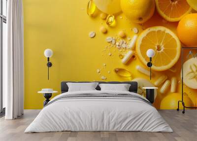 A yellow background with a variety of fruits and supplements. Concept of health and wellness, as the fruits and supplements are all natural and nutritious Wall mural