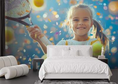 A young girl is playing tennis and smiling Wall mural