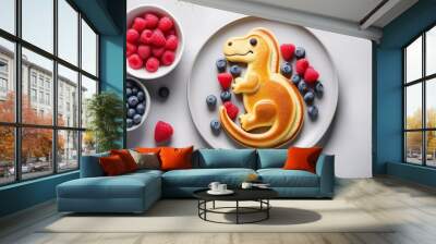 Pancakes in the shape of Funny dinosaur made of fresh berries on gray background, top view. generative ai Wall mural