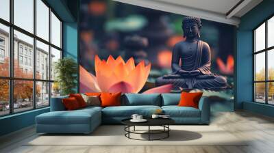 A serene and peaceful image of a Buddha statue in a cross-legged meditation pose, Generated with AI Wall mural