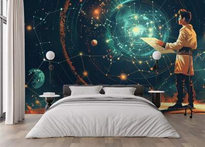 an astrologer male interpreting celestial charts, 2d, flat, illustration, solid color. Wall mural