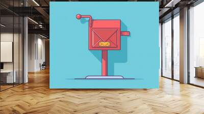 Flat solid color illustration of a cherry red mailbox with an envelope peeking out on a light blue background Wall mural