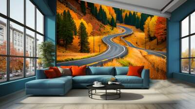 Road between beautiful hills, mountains, snow and desert, Created with AI tool Wall mural