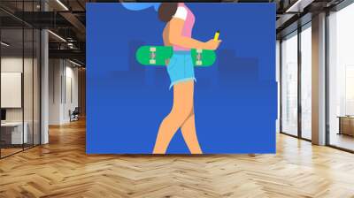 A girl with a skate goes and smokes a VAPE. Vector illustration on blue background. Wall mural