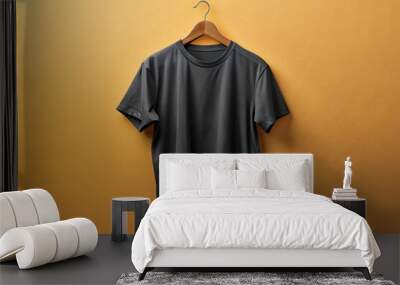 Plain Black T-shirt Mockup on Wooden Hanger Wall mural