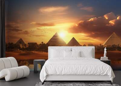 Sunset Majesty: Cairo's Golden Pyramids Illuminate Fantasy Egyptian Landscape Wall mural