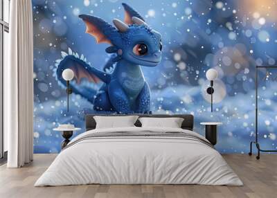 A cute, small, blue dragon with large amber eyes, tiny wings, and red inner ears sits in the snow. Wall mural