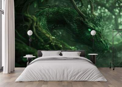 a digital painting of a dragon with green eyes and dark green hair in the forest Wall mural