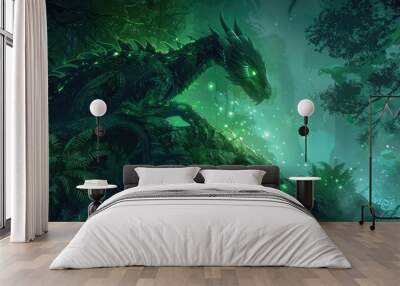 a digital painting of a dragon with green eyes and dark green hair in the forest Wall mural