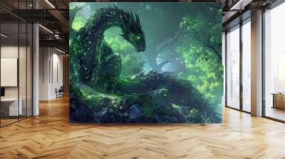 a digital painting of a dragon with green eyes and dark green hair in the forest Wall mural