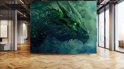 a digital painting of a dragon with green eyes and dark green hair in the forest Wall mural