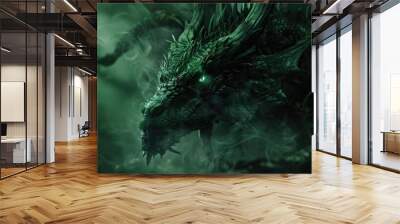 a digital painting of a dragon with green eyes and dark green hair in the forest Wall mural