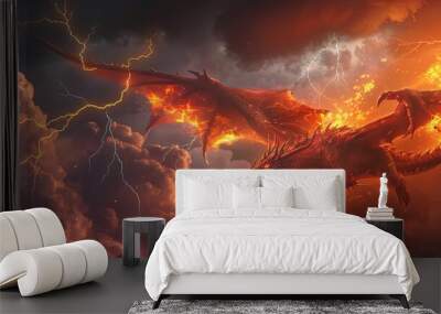 A fierce red dragon with large, fiery wings is shown mid-roar Wall mural