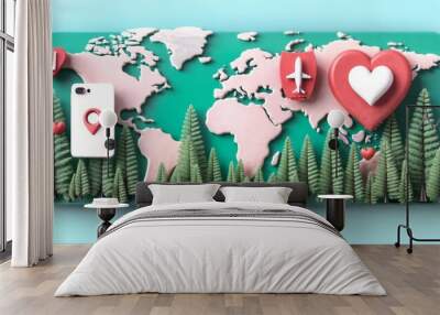  Whimsical 3D airplane, passport, and smartphone icons engaging in a playful dance on a vibrant blue-green world map background, representing the joy and ease of booking flights online  Wall mural