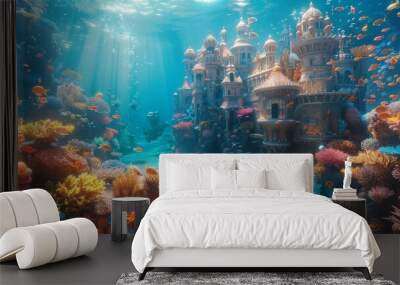 Magical underwater castle with coral turrets and schools of tropical fish greeting smiling merfolk Wall mural