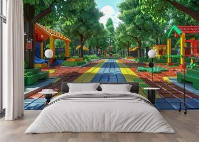 Playful 3D render cute scene of a diverse group of people engaging in various self-care activities (yoga, reading, gardening) while efficiently managing tasks, set in a vibrant, harmonious park landsc Wall mural