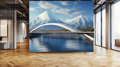 A modern and luxurious suspension bridge with a contemporary style made with super strong steel cables that can withstand all weather against a beautiful mountain backdrop Wall mural