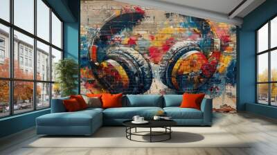 Colorful Headphones Graffiti on Brick Wall Wall mural