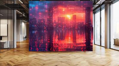 Futuristic Cityscape with Red Lights Wall mural