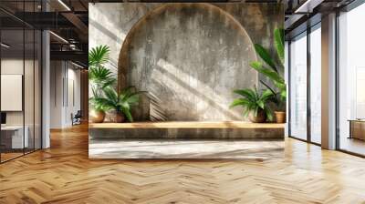 Modern Interior with Tropical Plants and Concrete Wall Wall mural