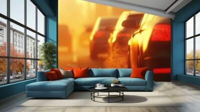 A vibrant sunset scene with cars on a highway, showing exhaust fumes rising into the warm, golden atmosphere. Wall mural