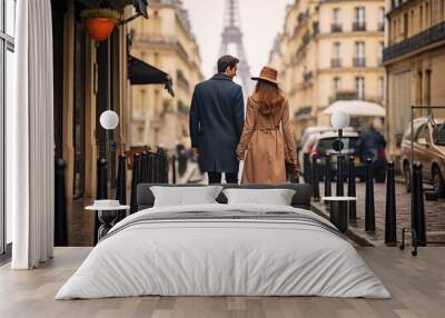 Couple walking in Paris. Happy couple going on vacation together, walking down the streets of Paris. Wall mural