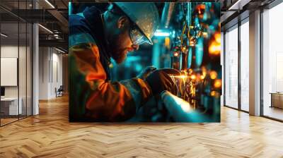 Technician Testing Signal Strength in Industrial Setting Wall mural