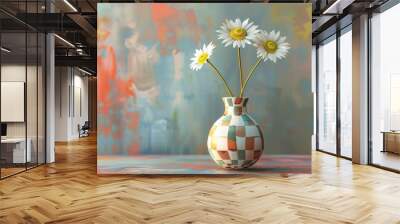 Three white daisies in a colorful vase against a textured background. Wall mural