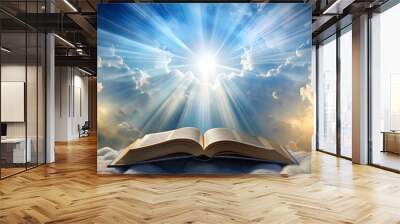 A beautiful of an open Bible surrounded by light beams and celestial clouds , Holy Bible, sacred, spiritual, wisdom Wall mural