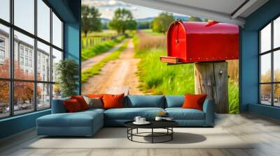 A classic red mailbox mounted on a wooden post in a rural setting , mailbox, letter, post, delivery, communication, postal Wall mural