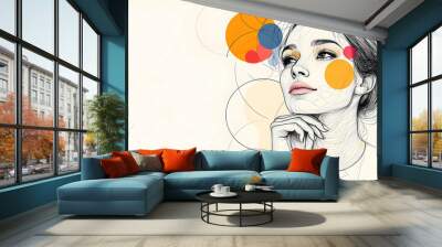 Abstract Line Art Portrait of a Woman with Colorful Circles Wall mural