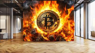 Bitcoin logo burning in fire on hot coal background, Bitcoin, logo, burn, fire, hot coal, cryptocurrency, investment Wall mural