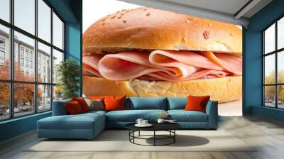 Bun with ham slices on a white background, Ham, sandwich, gourmet, food, meat, breakfast, lunch, snack, delicious, fresh, bakery Wall mural