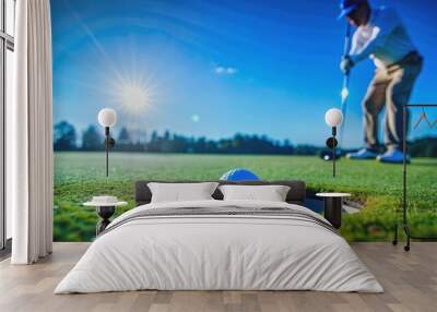 Close up of a golf player gracefully putting a golf ball into the hole on a vibrant green grass under a sunny day , golf, player Wall mural