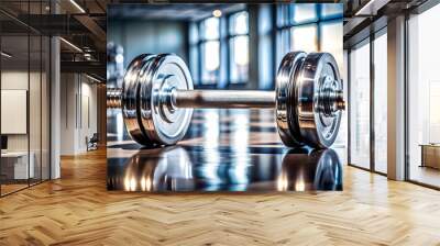 Close up of a shiny dumbbell in a gym, fitness, weightlifting, exercise, strength, equipment, workout, training, health Wall mural