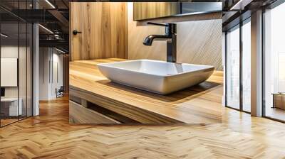 Close up of modern bathroom vanity basin with black water faucet on wooden oak top , bathroom, vanity, basin, sink, faucet, modern Wall mural