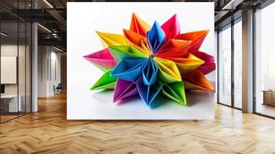 Colorful origami flower made of paper on white background, vibrant crafts in bright hues , origami, flower, paper, colorful Wall mural