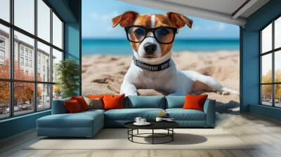 Dog wearing glasses on beach Wall mural