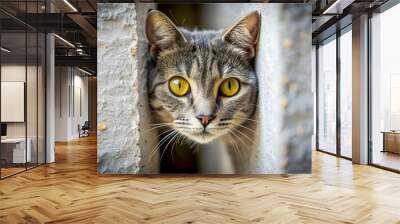 Domestic cat with intense yellow eyes squeezing through narrow gap , cat, domestic, feline, yellow eyes, intense, sneaking, gap Wall mural